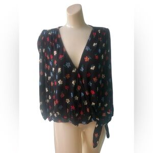 Madewell Floral Faux-Wrap Blouse - 3/4 Sleeve - Size XL - Black Multi
